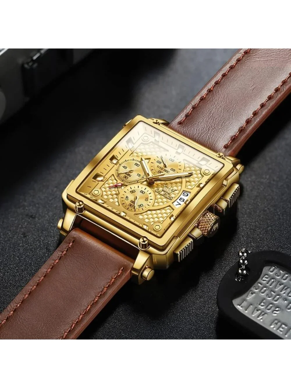 Men's Gold Quartz Leather Strap Waterproof Casual Trendy Square Dial Wristwatch